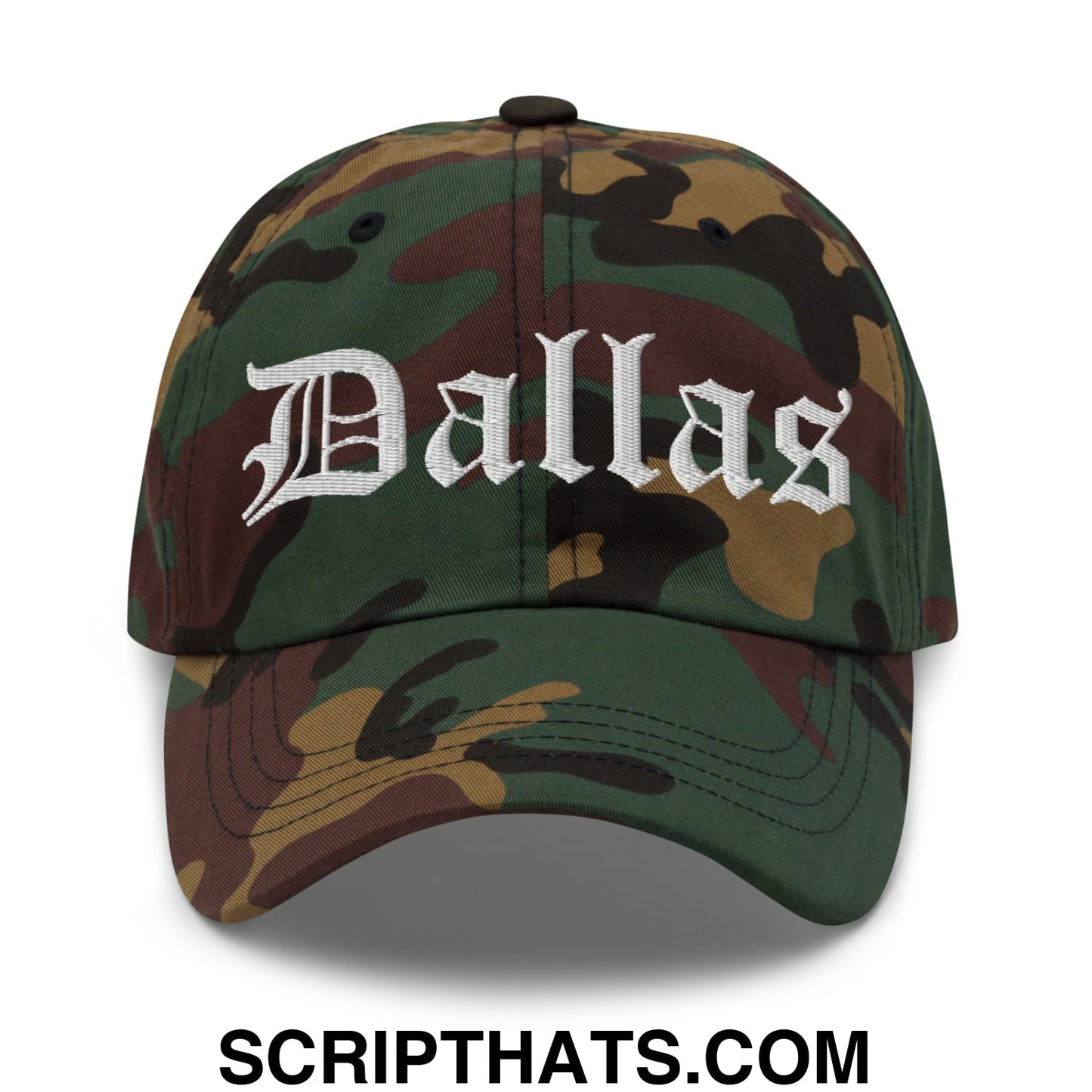 Dallas Old English Embroidered Unstructured Dad Hat Green Camo