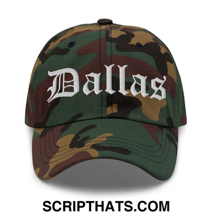 Dallas Old English Embroidered Unstructured Dad Hat Green Camo