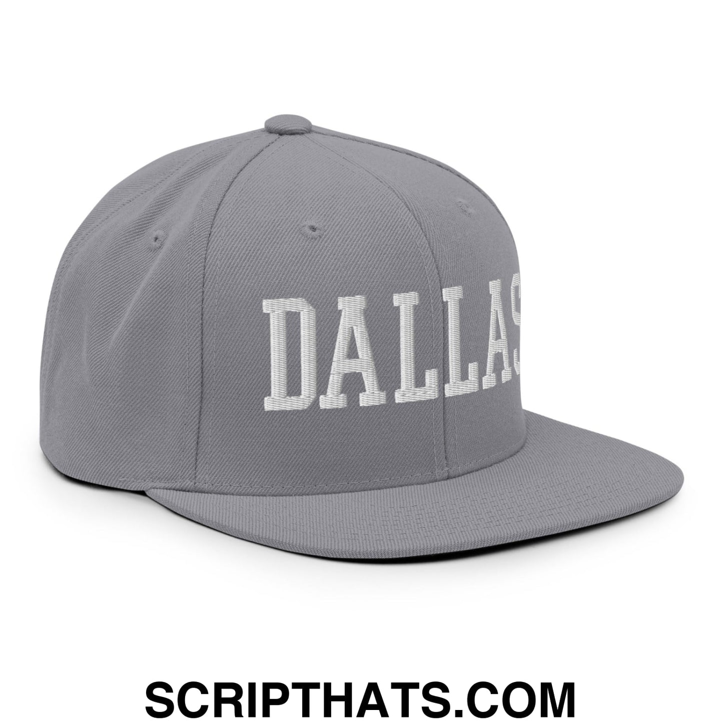 Dallas Varsity College Block Embroidered Flat Bill Brim Snapback Hat Silver