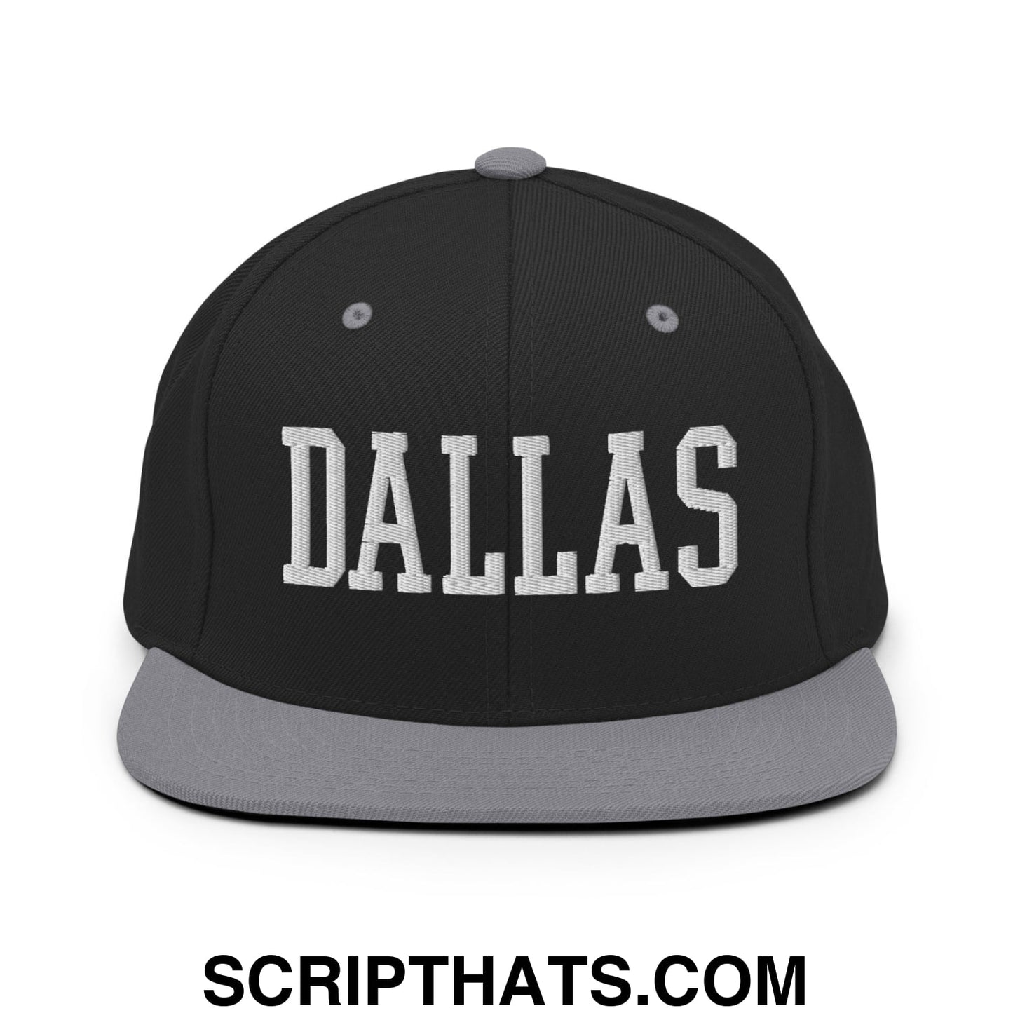 Dallas Varsity College Block Embroidered Flat Bill Brim Snapback Hat Black Silver