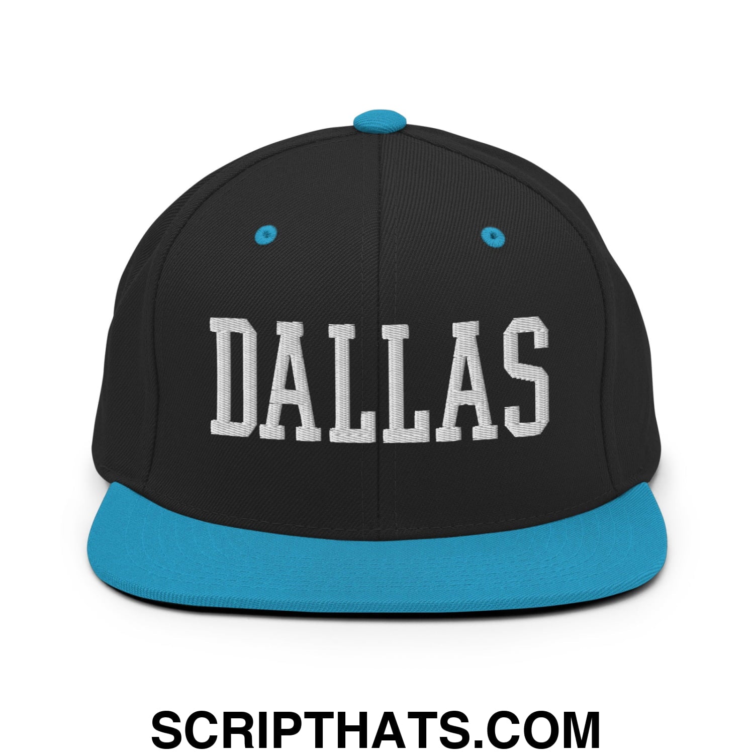 Dallas Varsity College Block Embroidered Flat Bill Brim Snapback Hat Black Teal