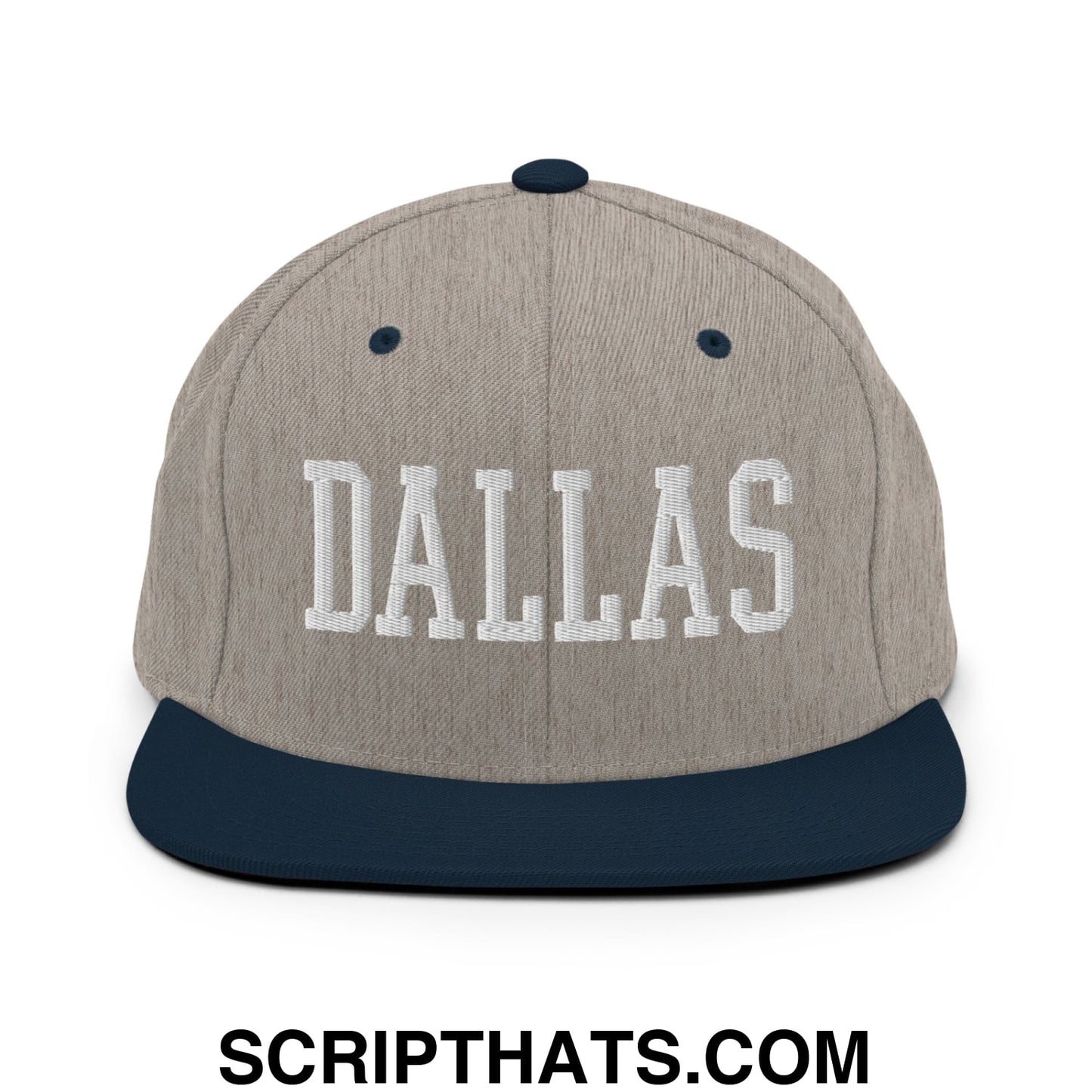 Dallas Varsity College Block Embroidered Flat Bill Brim Snapback Hat Heather Grey Navy