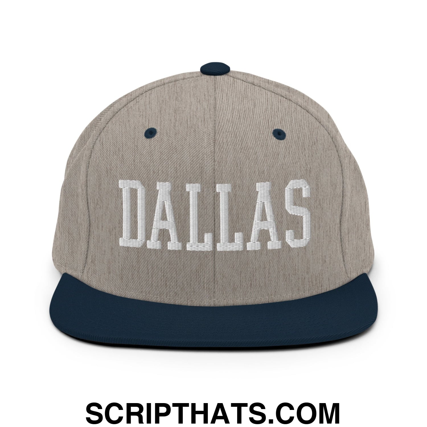 Dallas Varsity College Block Embroidered Flat Bill Brim Snapback Hat Heather Grey Navy