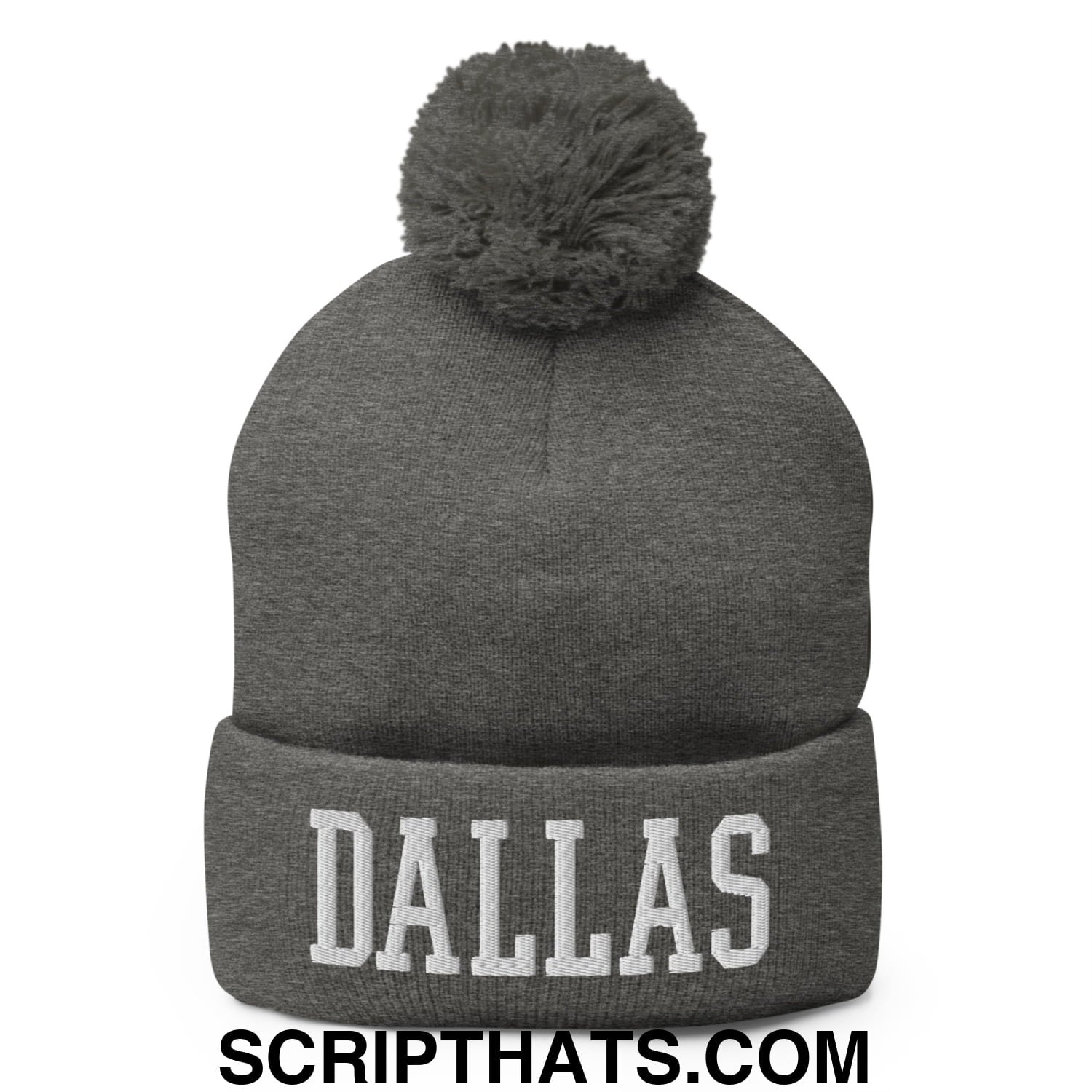 Dallas Varsity College Block Embroidered Knit Pom Pom Beanie Dark Heather Grey