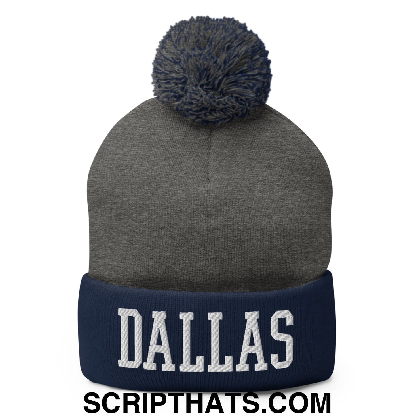 Dallas Varsity College Block Embroidered Knit Pom Pom Beanie Dark Heather Grey Navy