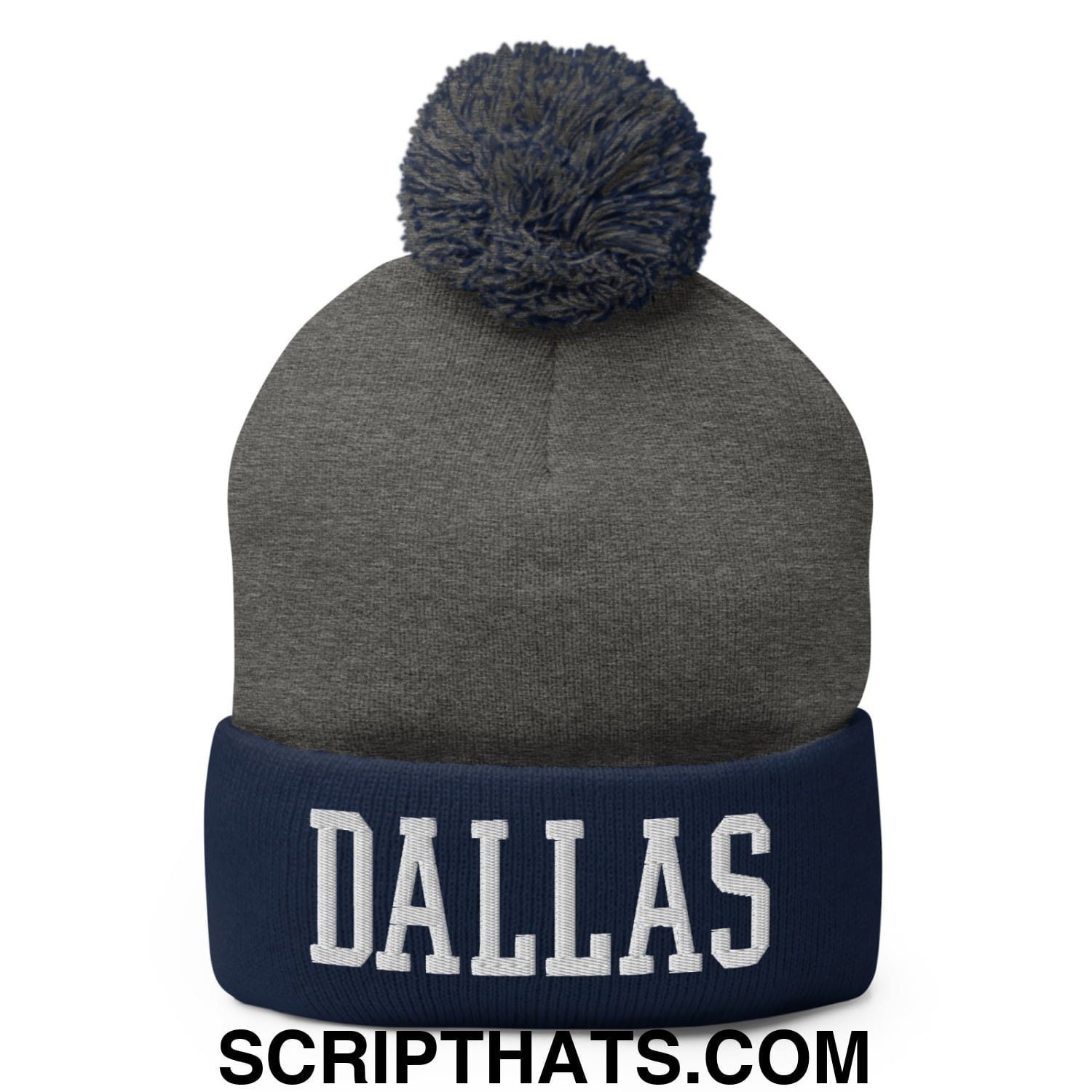 Dallas Varsity College Block Embroidered Knit Pom Pom Beanie Dark Heather Grey Navy