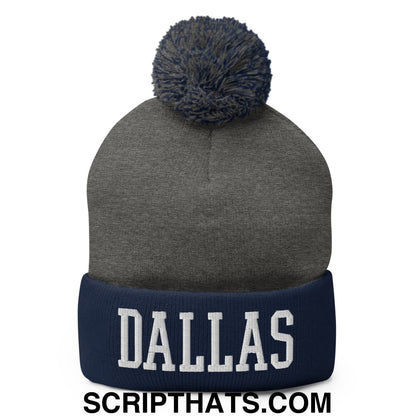 Dallas Varsity College Block Embroidered Knit Pom Pom Beanie Dark Heather Grey Navy