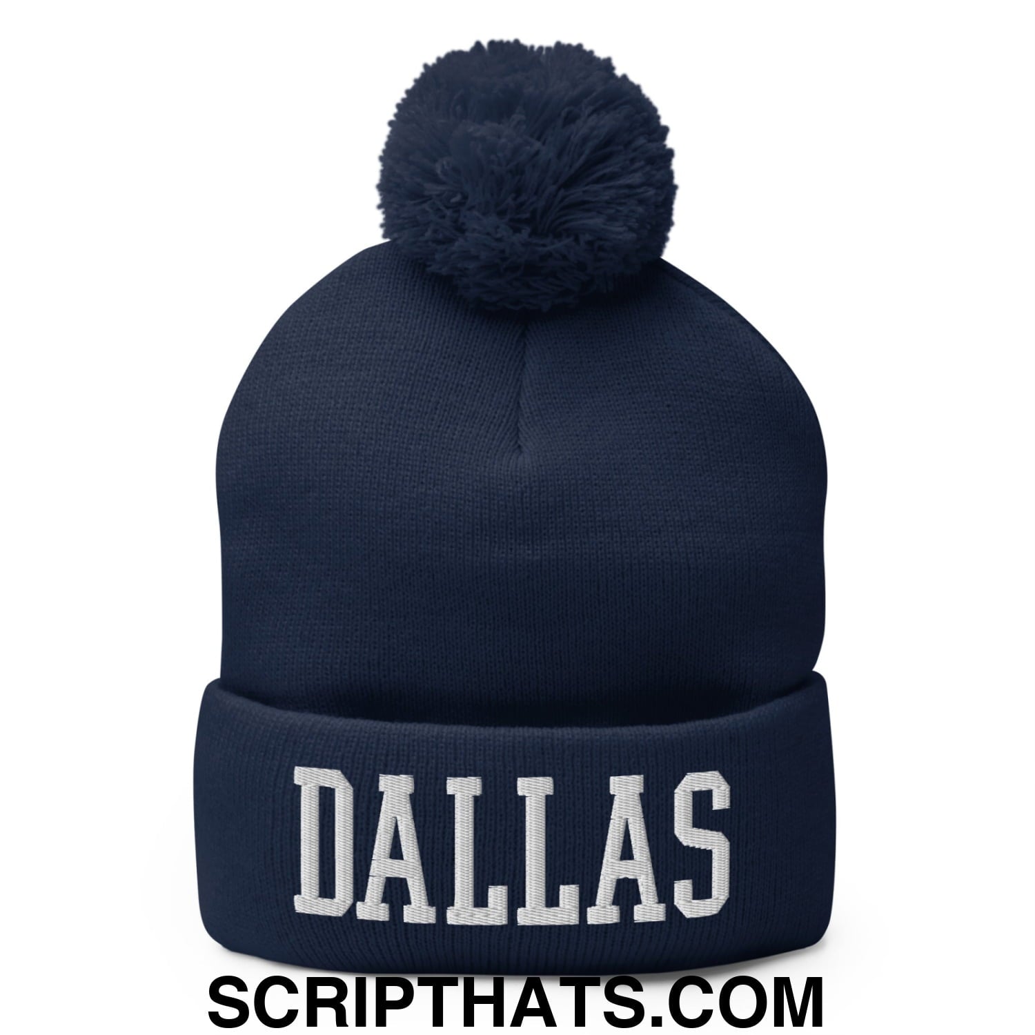 Dallas Varsity College Block Embroidered Knit Pom Pom Beanie Navy