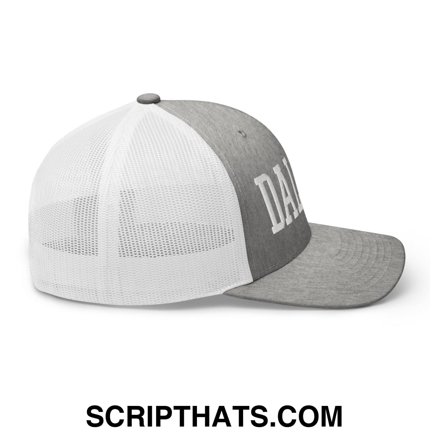 Dallas Varsity College Block Embroidered Mesh Trucker Hat Heather Grey White
