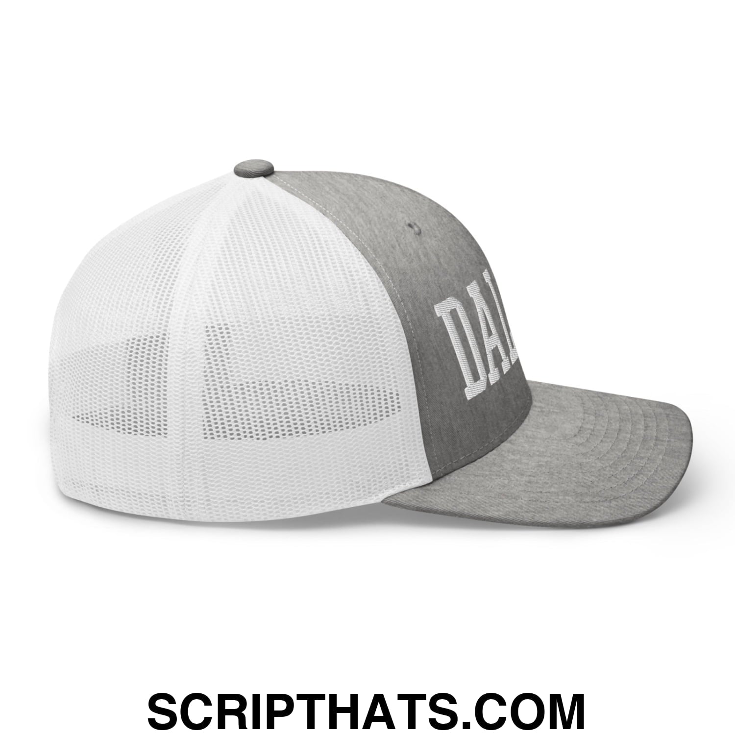 Dallas Varsity College Block Embroidered Mesh Trucker Hat Heather Grey White