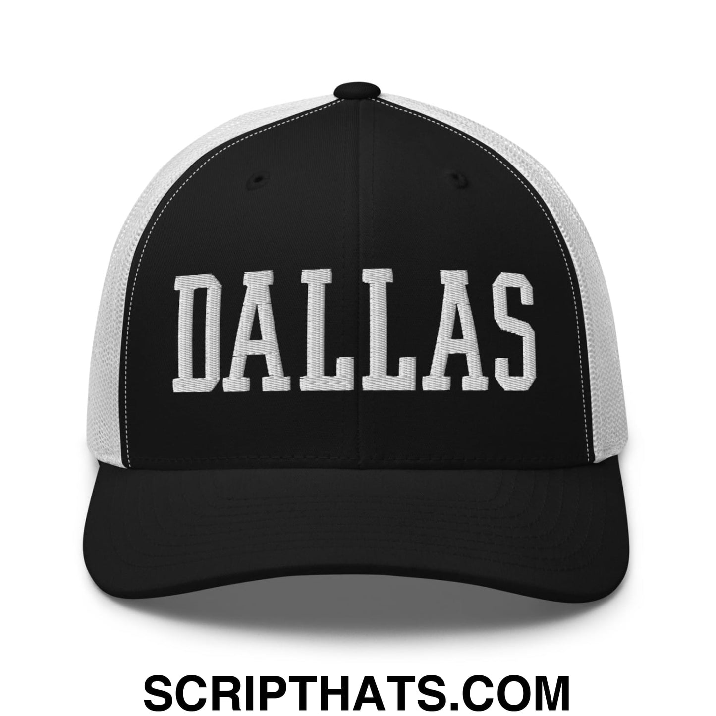 Dallas Varsity College Block Embroidered Mesh Trucker Hat Black White