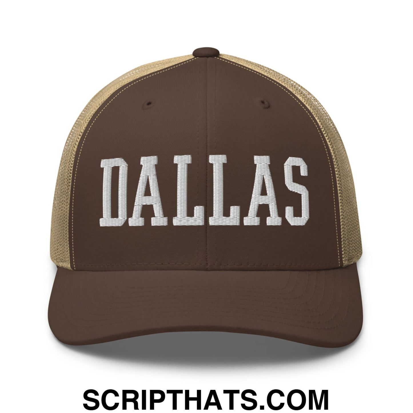 Dallas Varsity College Block Embroidered Mesh Trucker Hat Brown Khaki