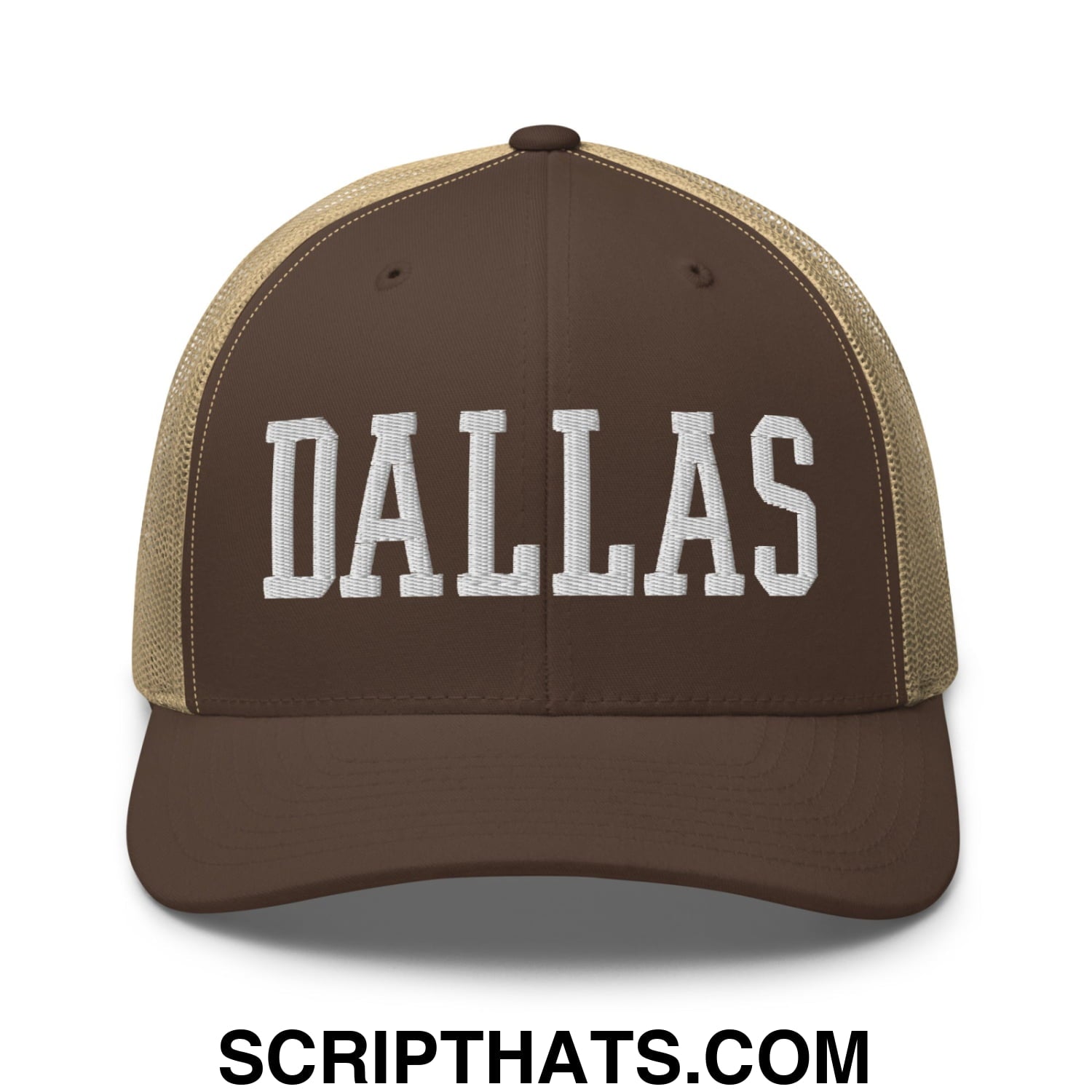Dallas Varsity College Block Embroidered Mesh Trucker Hat Brown Khaki