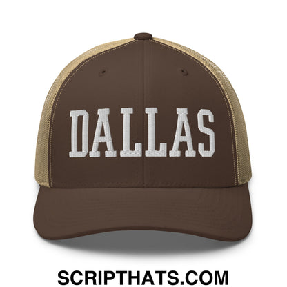 Dallas Varsity College Block Embroidered Mesh Trucker Hat Brown Khaki