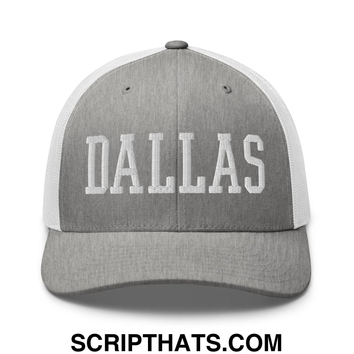 Dallas Varsity College Block Embroidered Mesh Trucker Hat Heather Grey White