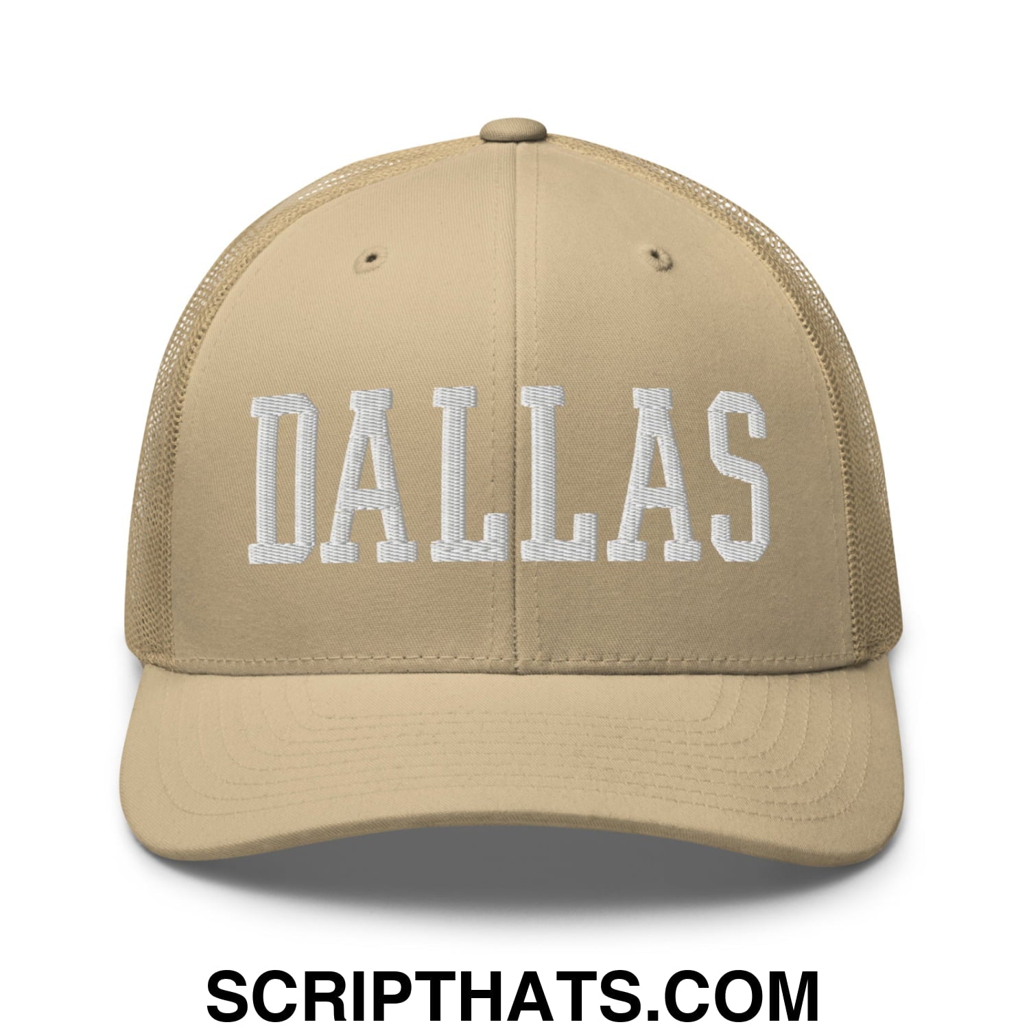 Dallas Varsity College Block Embroidered Mesh Trucker Hat Khaki