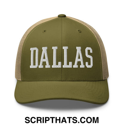 Dallas Varsity College Block Embroidered Mesh Trucker Hat Moss Khaki