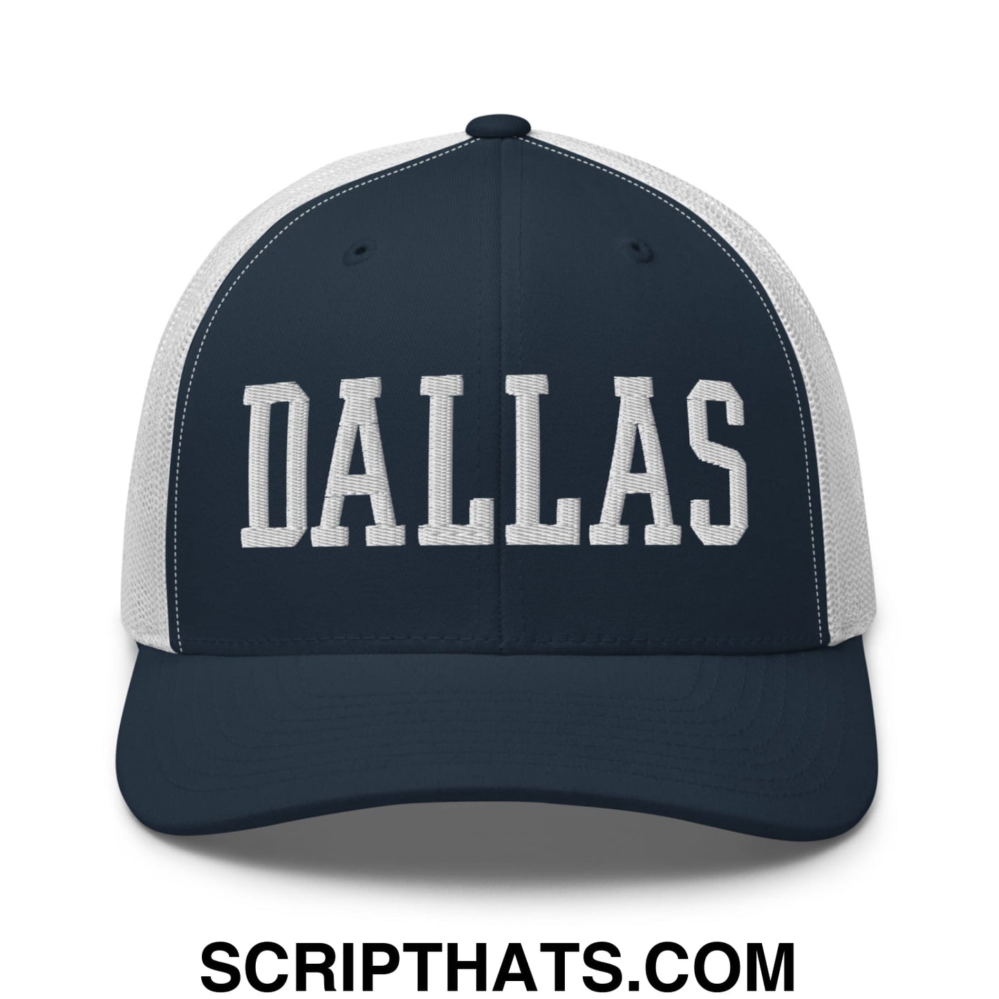 Dallas Varsity College Block Embroidered Mesh Trucker Hat Navy White