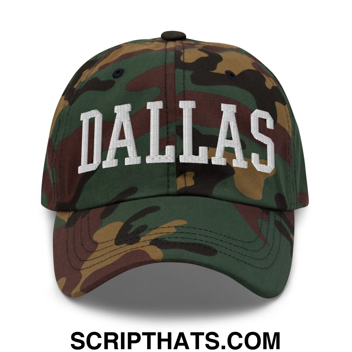 Dallas Varsity College Block Embroidered Unstructured Dad Hat Green Camo
