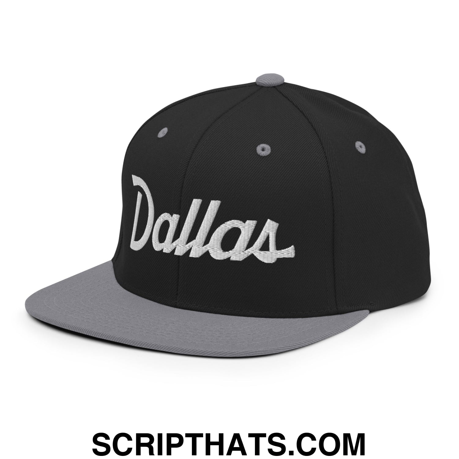 Dallas Vintage Sports Script Embroidered Flat Bill Brim Snapback Hat Black Silver