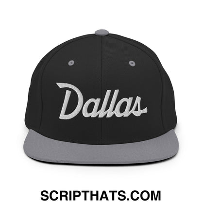 Dallas Vintage Sports Script Embroidered Flat Bill Brim Snapback Hat Black Silver