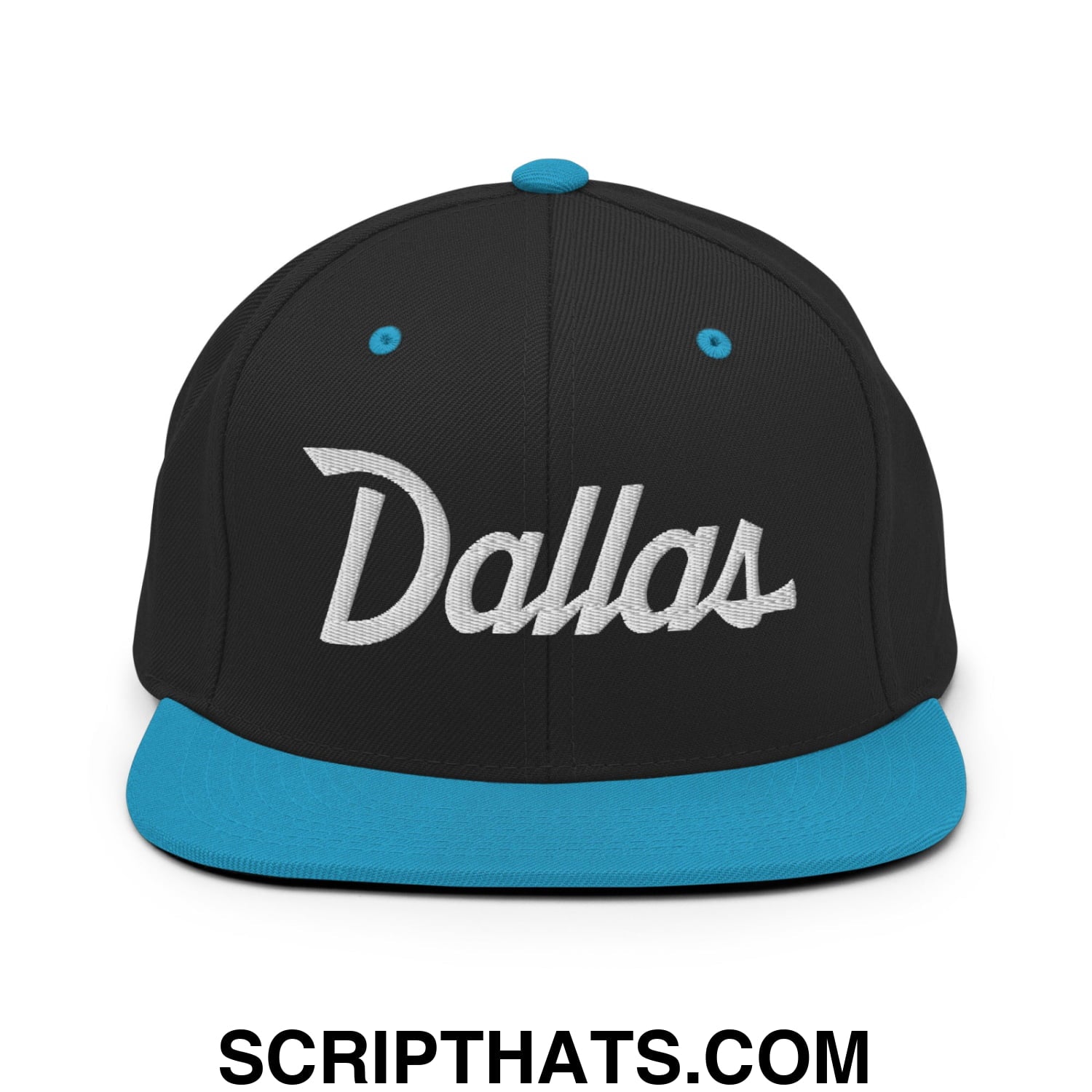 Dallas Vintage Sports Script Embroidered Flat Bill Brim Snapback Hat Black Teal