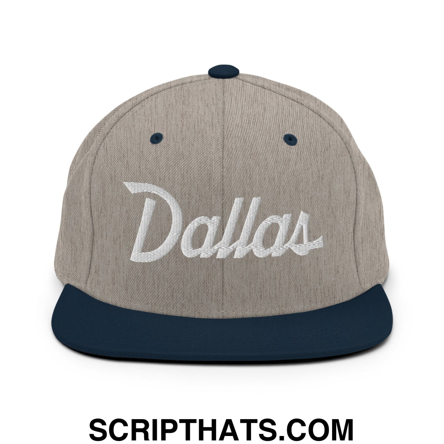 Dallas Vintage Sports Script Embroidered Flat Bill Brim Snapback Hat Heather Grey Navy