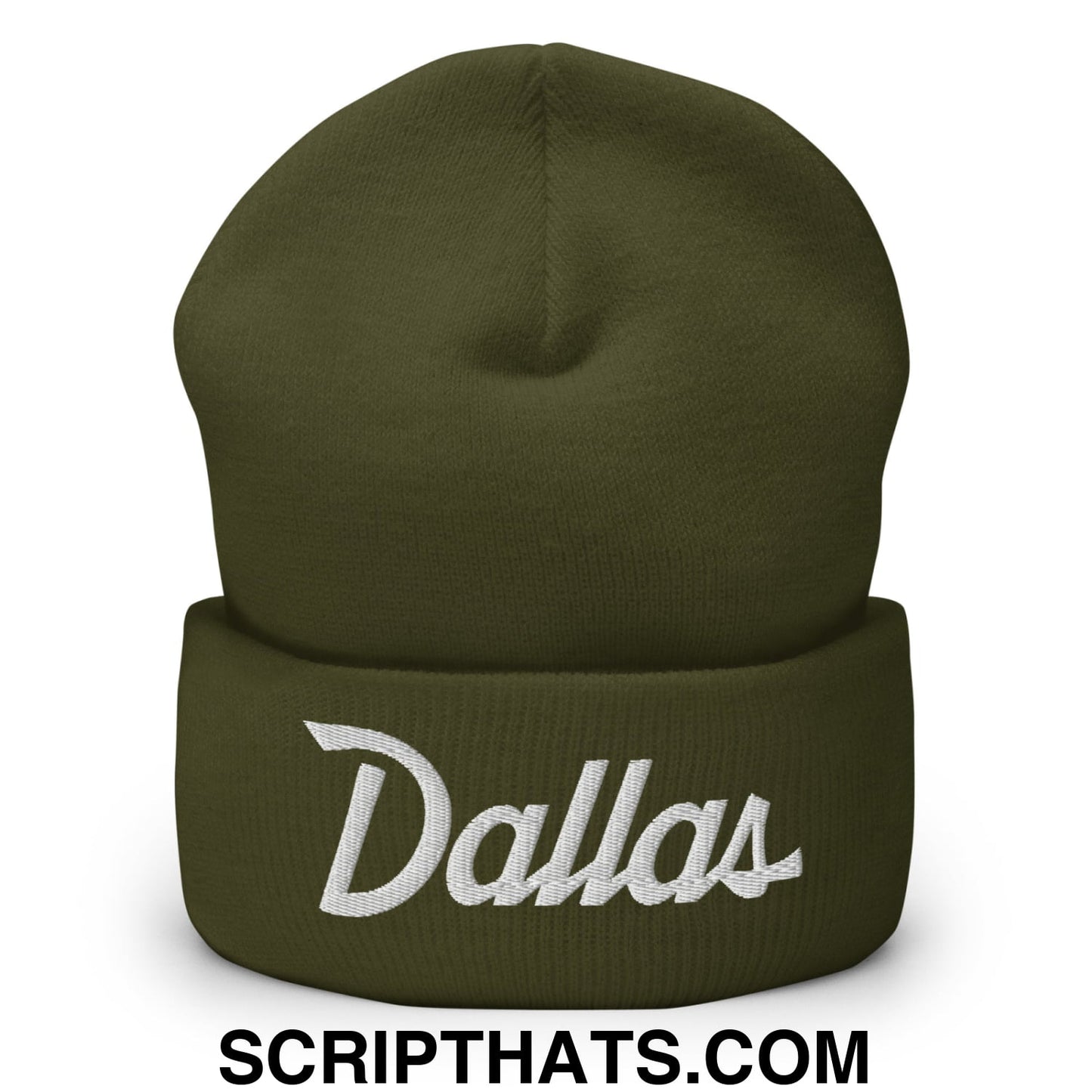 Dallas Vintage Sports Script Embroidered Knit Cuffed Beanie Olive