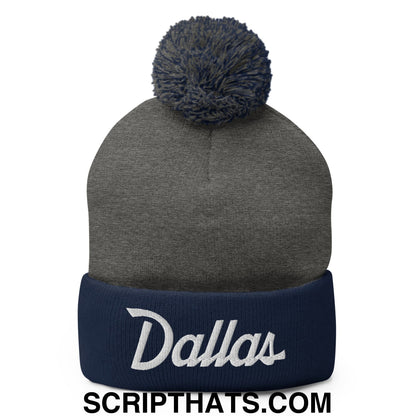 Dallas Vintage Sports Script Embroidered Knit Pom Pom Beanie Dark Heather Grey Navy