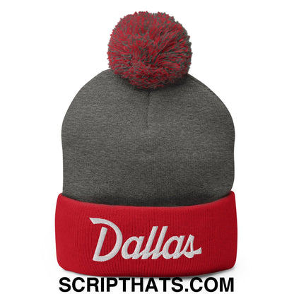 Dallas Vintage Sports Script Embroidered Knit Pom Pom Beanie Dark Heather Grey Red