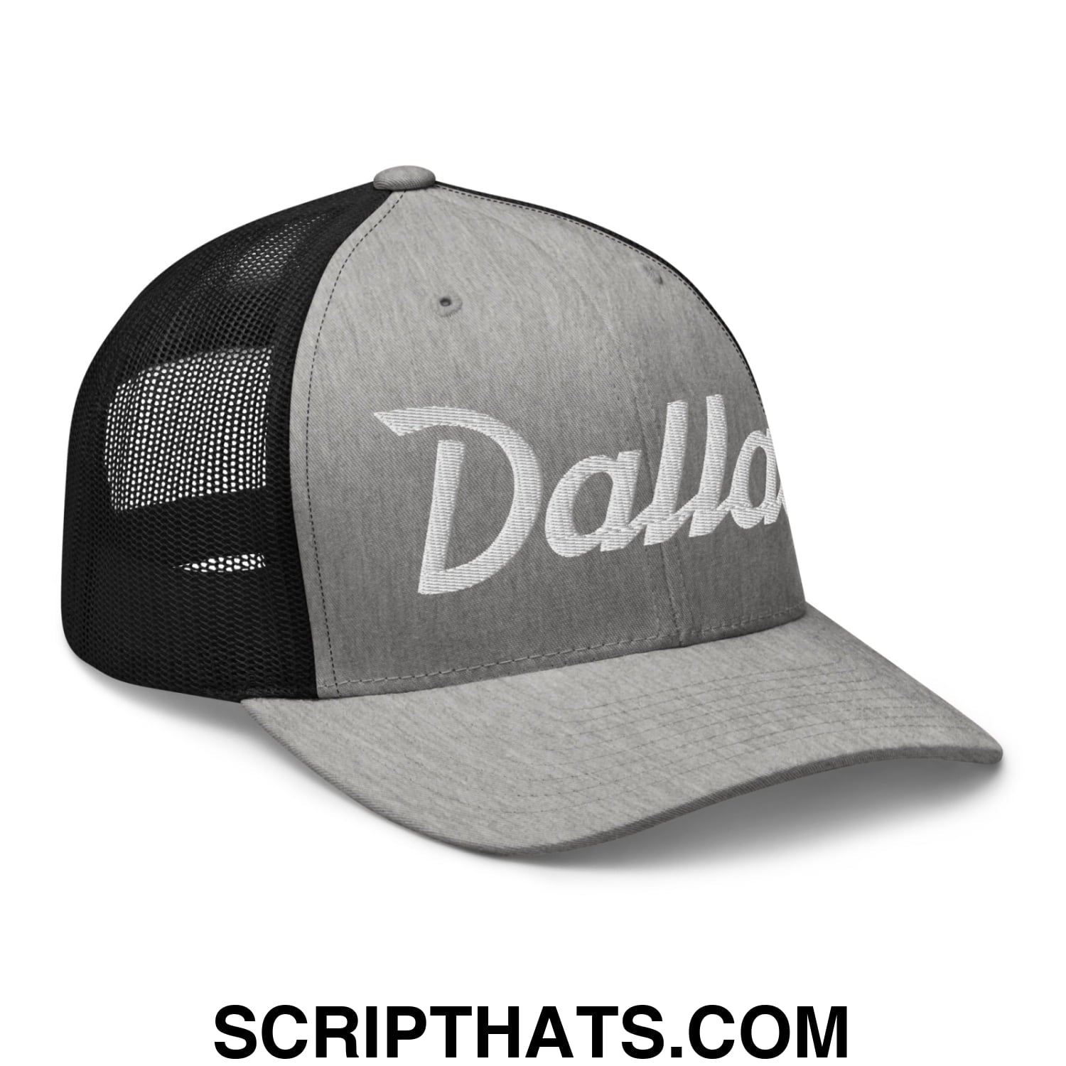 Dallas Vintage Sports Script Embroidered Mesh Trucker Hat Heather Black