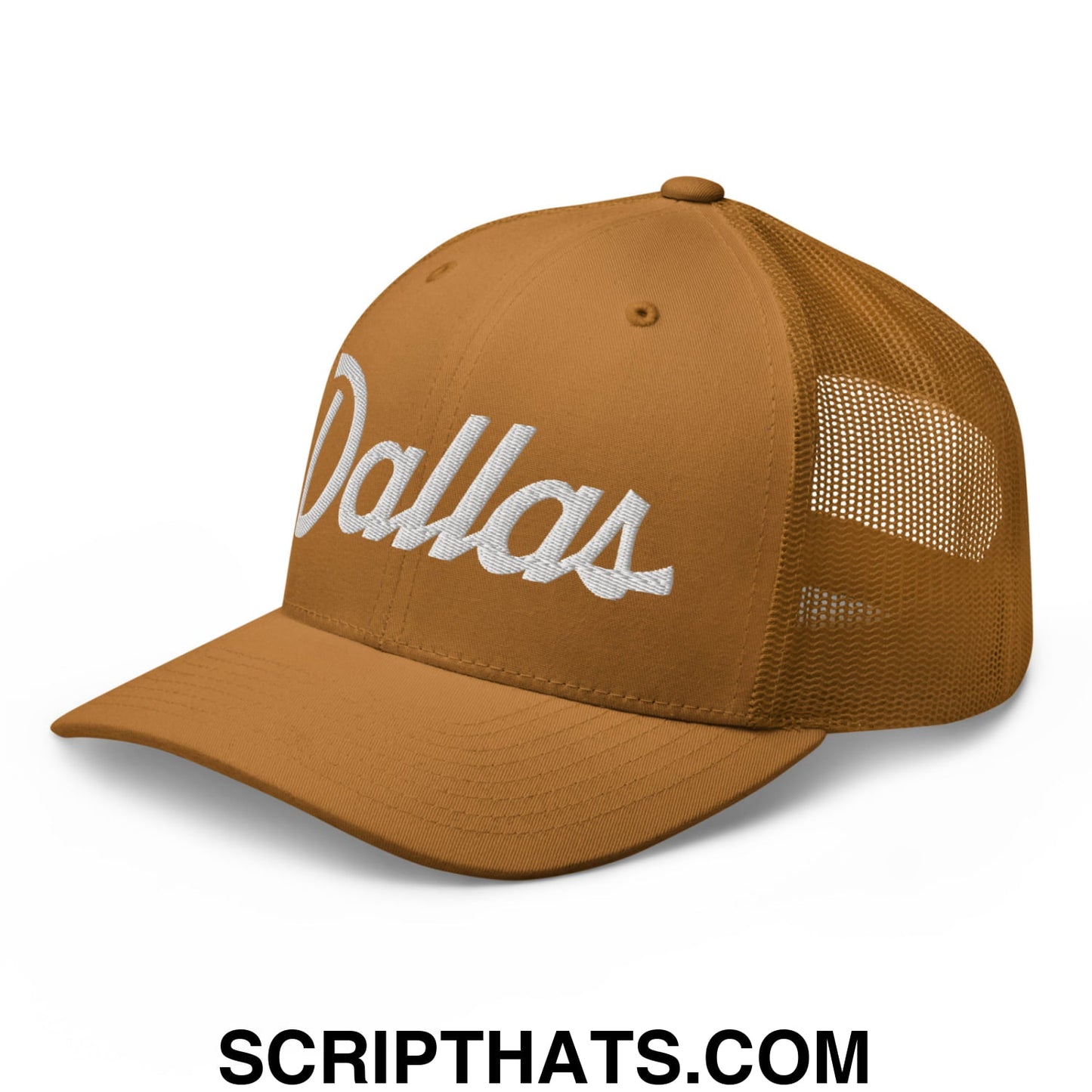 Dallas Vintage Sports Script Embroidered Mesh Trucker Hat Caramel