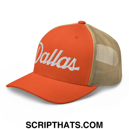 Dallas Vintage Sports Script Embroidered Mesh Trucker Hat Rustic Orange Khaki