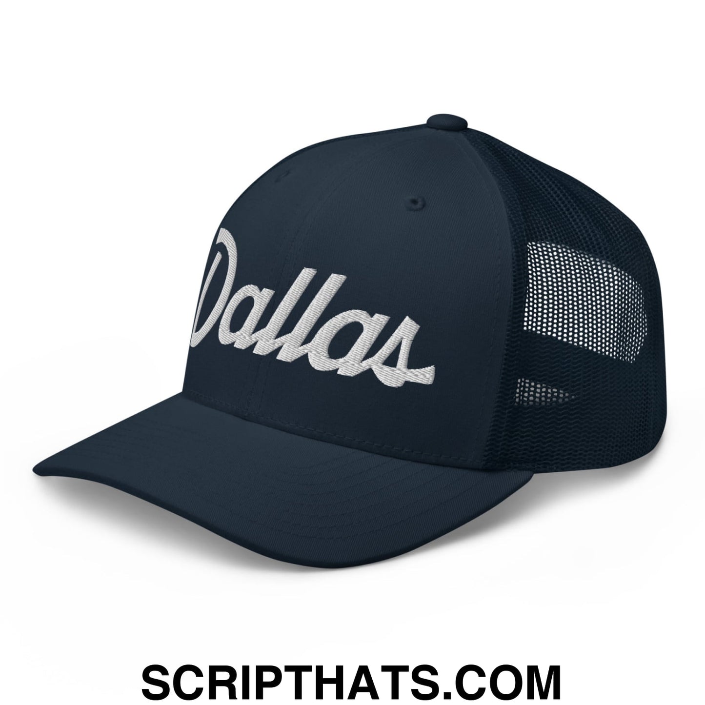 Dallas Vintage Sports Script Embroidered Mesh Trucker Hat Navy