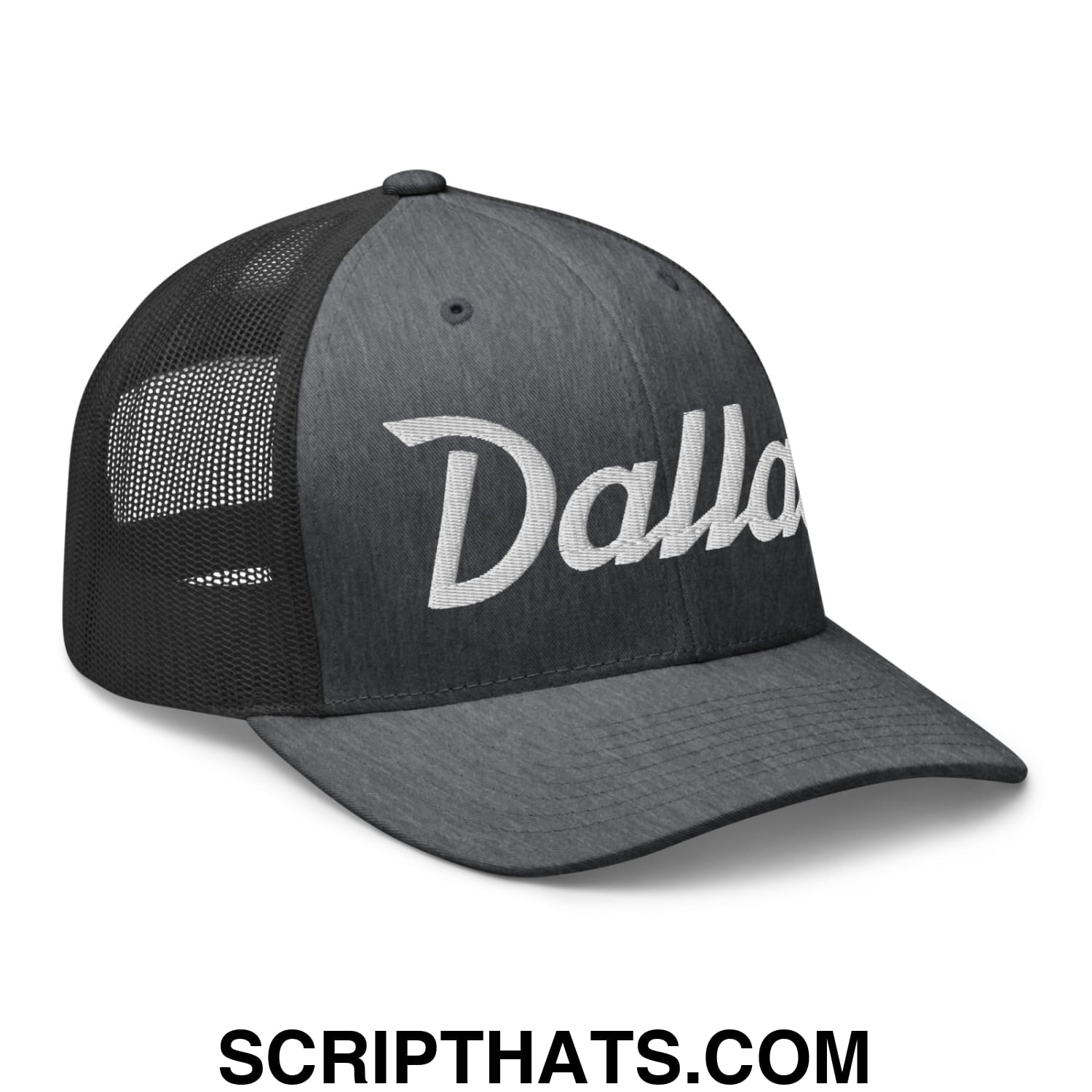Dallas Vintage Sports Script Embroidered Mesh Trucker Hat Dark Heather Gray