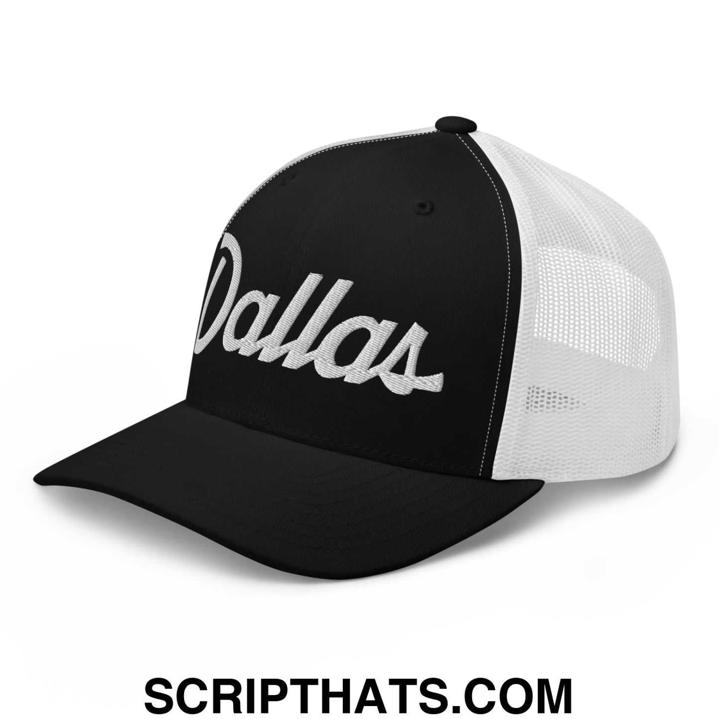 Dallas Vintage Sports Script Embroidered Mesh Trucker Hat Black White