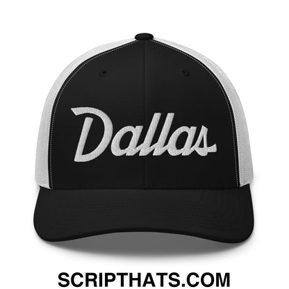 Dallas Vintage Sports Script Embroidered Mesh Trucker Hat Black White