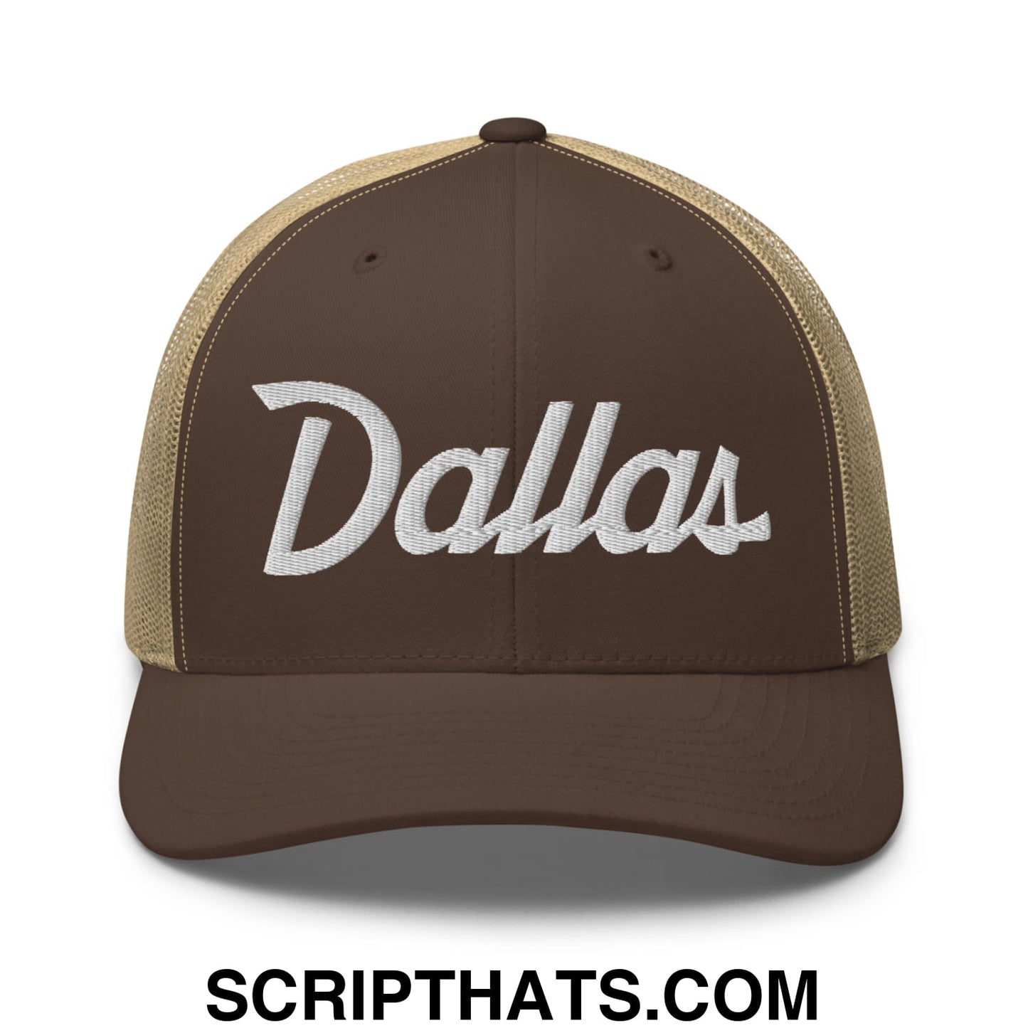 Dallas Vintage Sports Script Embroidered Mesh Trucker Hat Brown Khaki