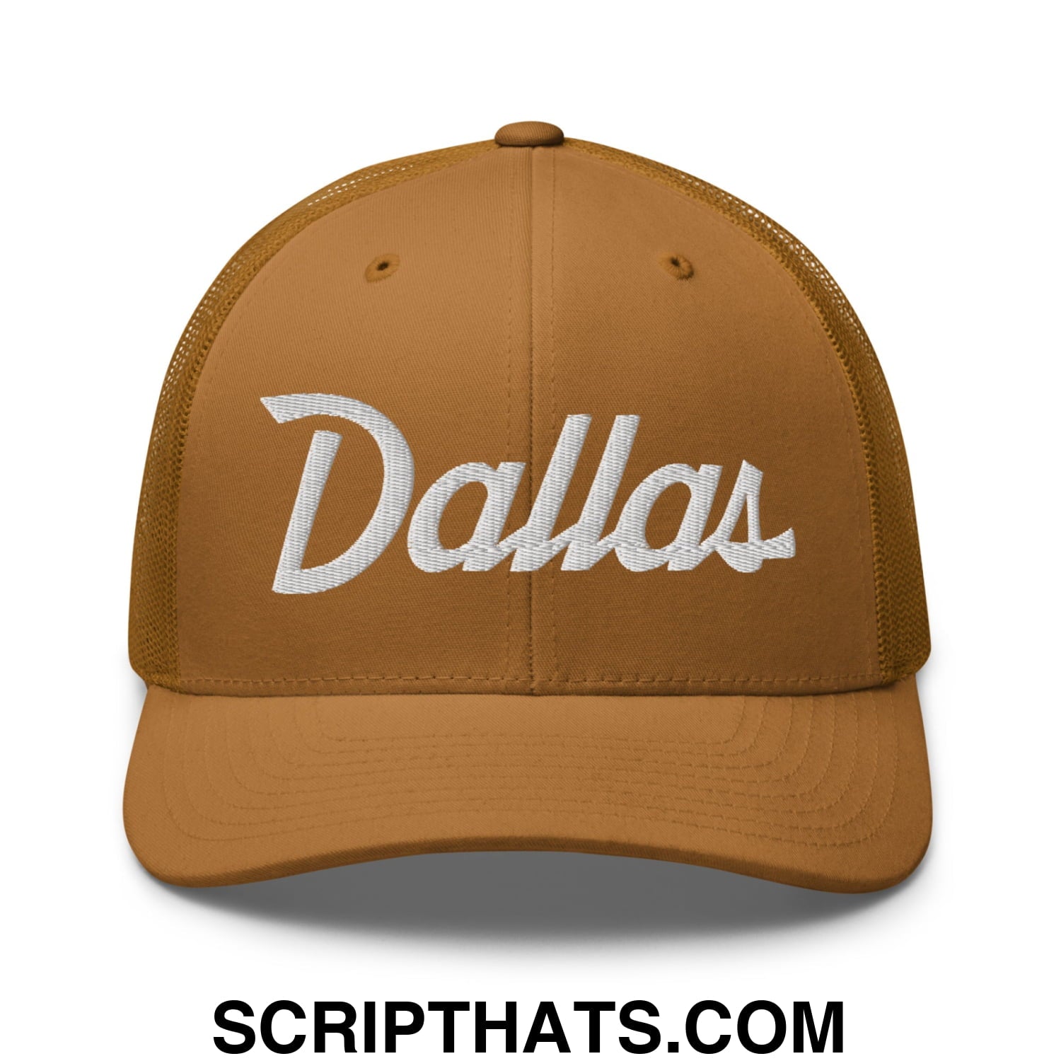 Dallas Vintage Sports Script Embroidered Mesh Trucker Hat Caramel