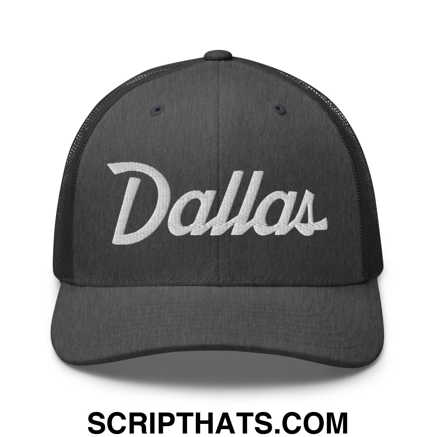 Dallas Vintage Sports Script Embroidered Mesh Trucker Hat Dark Heather Gray