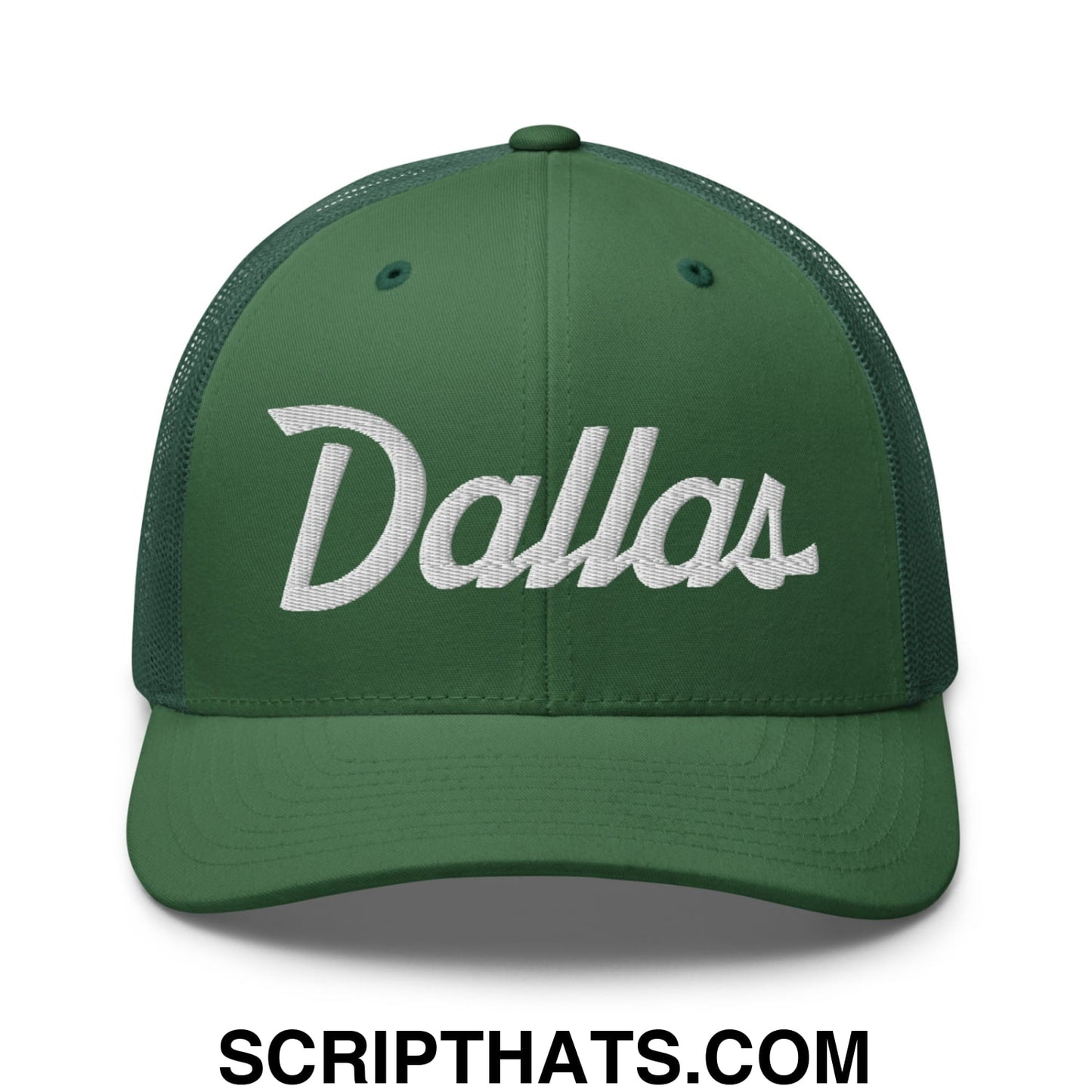 Dallas Vintage Sports Script Embroidered Mesh Trucker Hat Evergreen