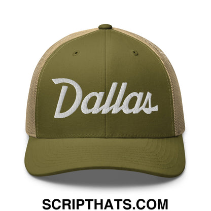 Dallas Vintage Sports Script Embroidered Mesh Trucker Hat Moss Khaki