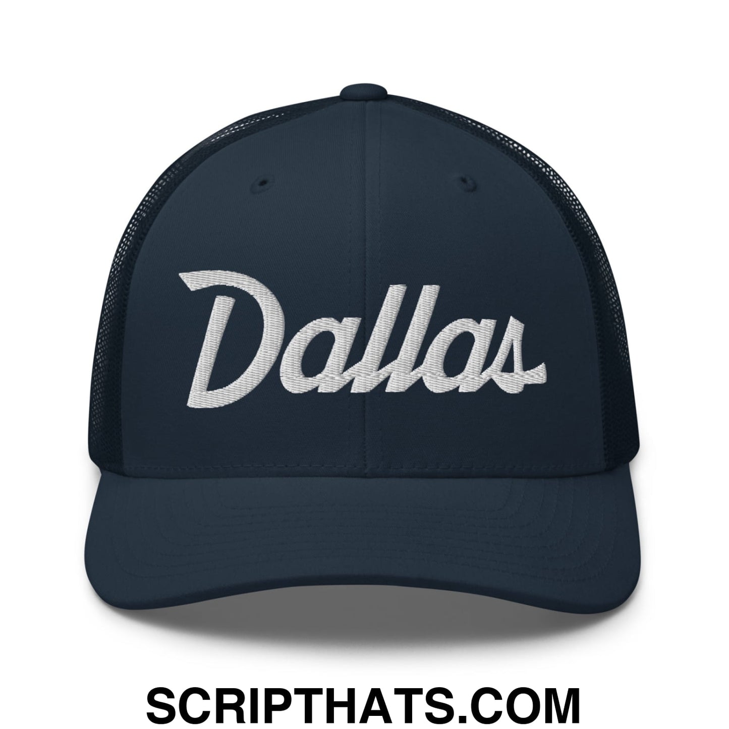 Dallas Vintage Sports Script Embroidered Mesh Trucker Hat Navy