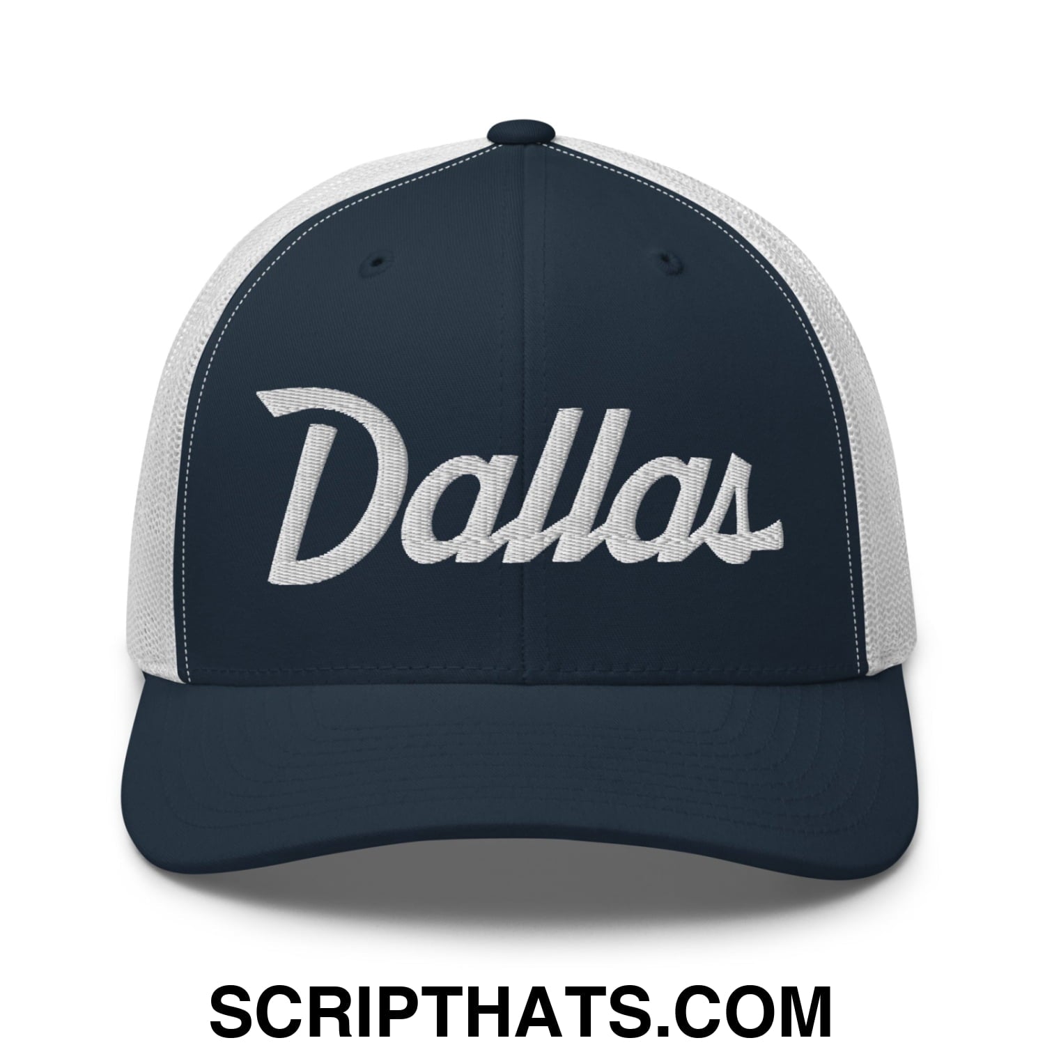 Dallas Vintage Sports Script Embroidered Mesh Trucker Hat Navy White