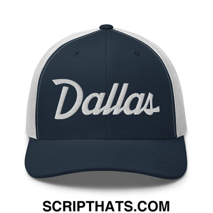 Dallas Vintage Sports Script Embroidered Mesh Trucker Hat Navy White