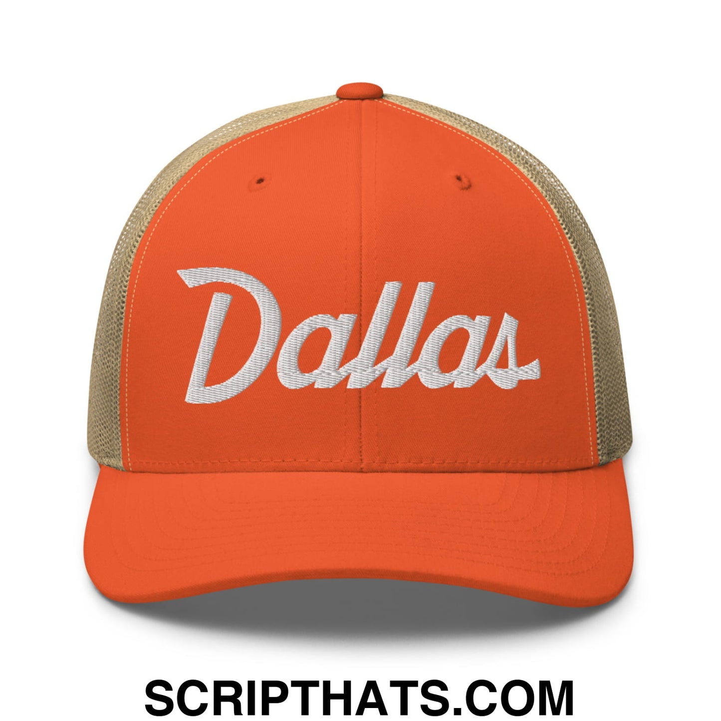 Dallas Vintage Sports Script Embroidered Mesh Trucker Hat Rustic Orange Khaki