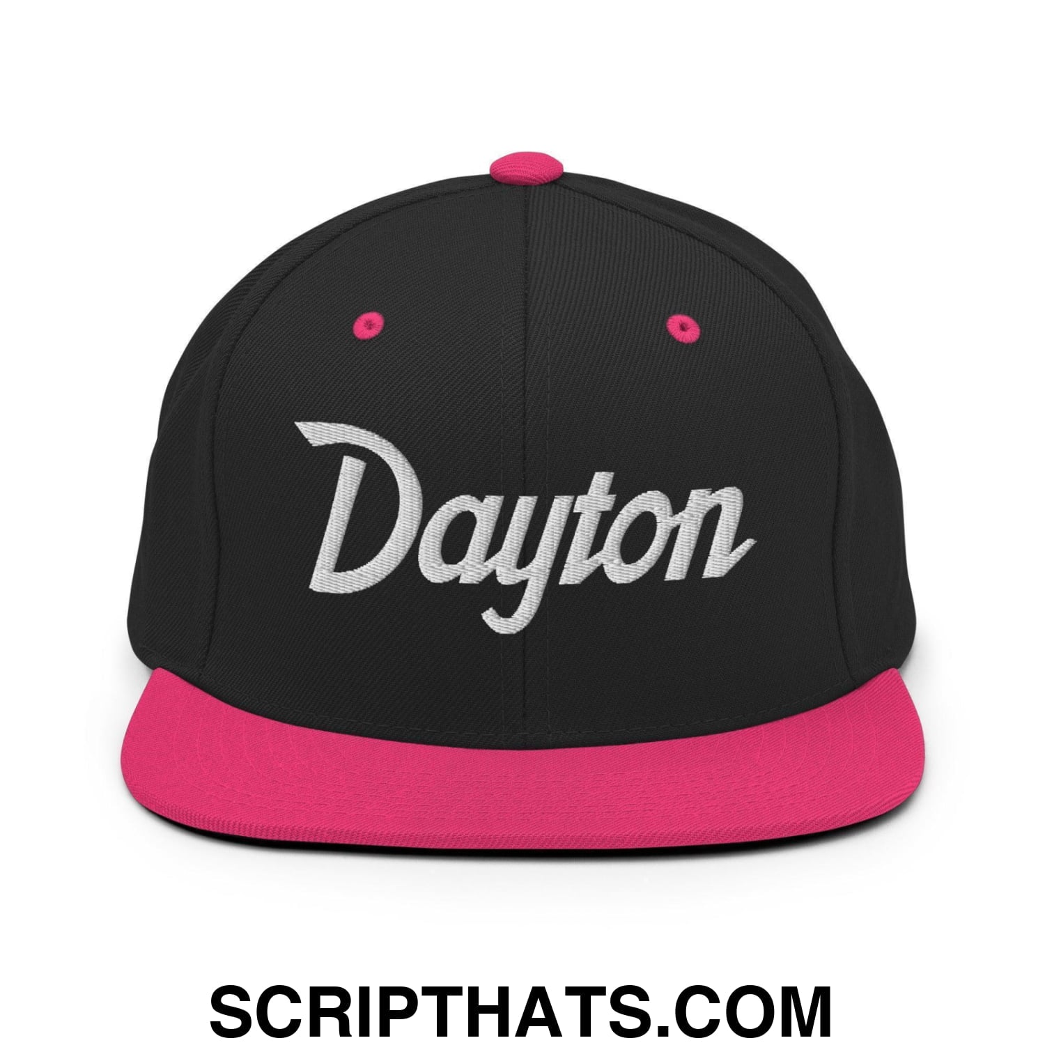 Dayton Script Snapback Hat Black Neon Pink
