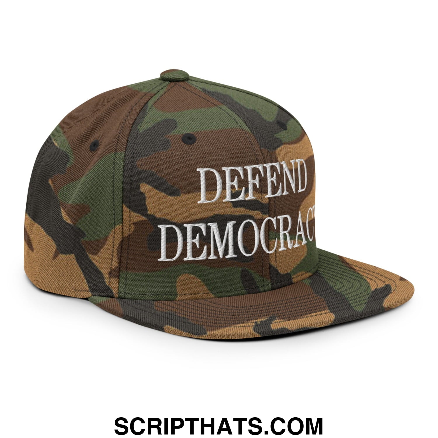 Defend Democracy Embroidered Flat Bill Brim Snapback Hat Green Camo