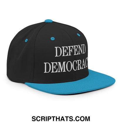 Defend Democracy Embroidered Flat Bill Brim Snapback Hat Black Teal
