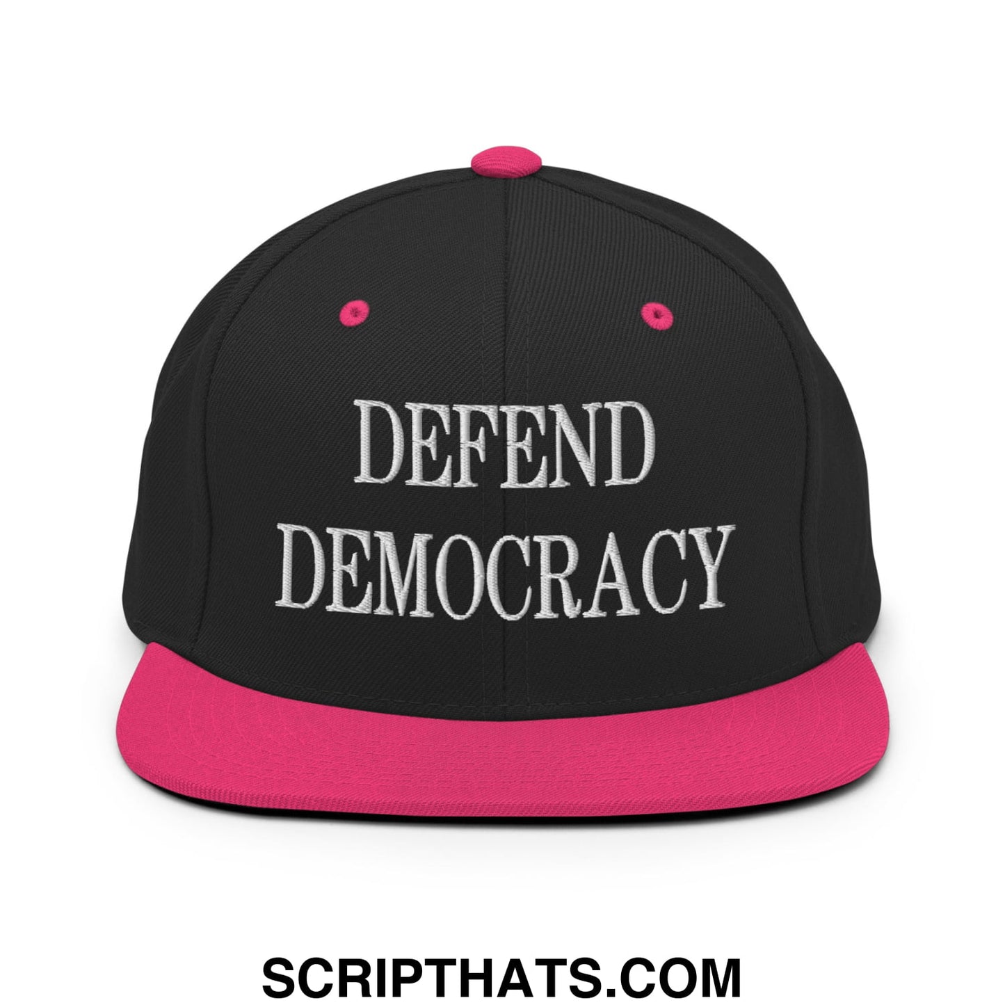 Defend Democracy Embroidered Flat Bill Brim Snapback Hat Black Neon Pink